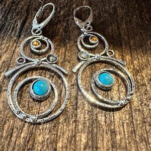 Boho Hippie Western Turquoise Stone Circle Silver Drop Wire Earrings, Gift Box